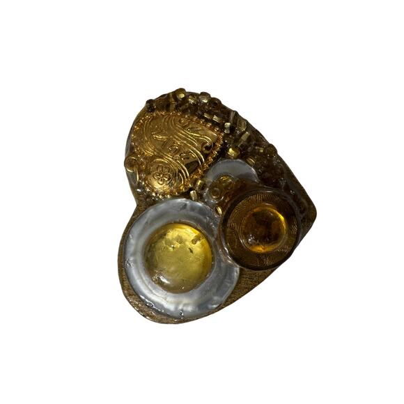 Vintage Artist Made Brooch Golden Wooden Silver Tones Abstract - Picture 2 of 5